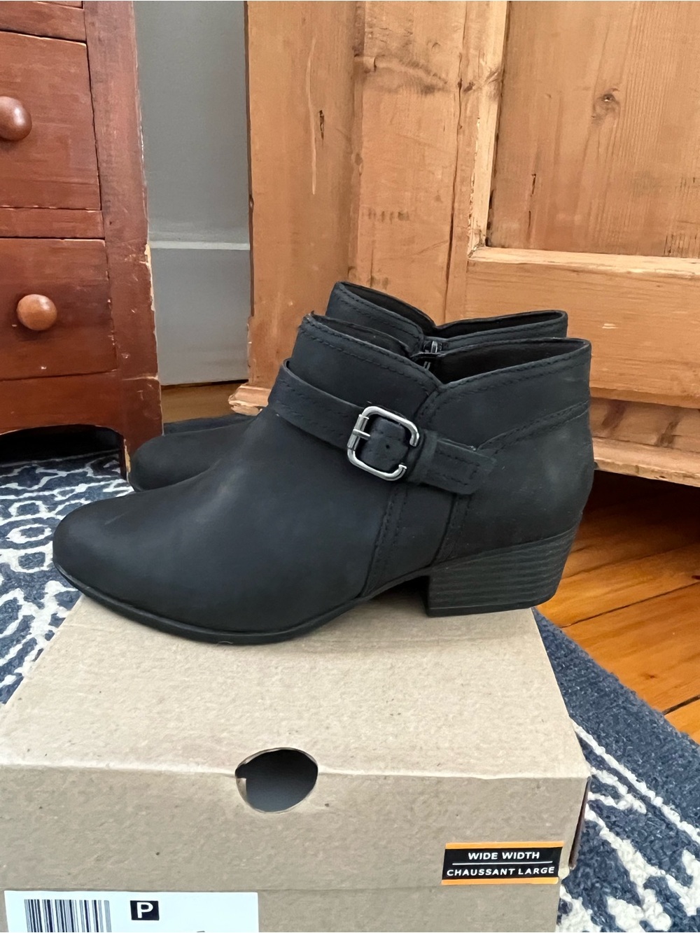 Clarks Black Leather Ankle Bootie with Side Buckle